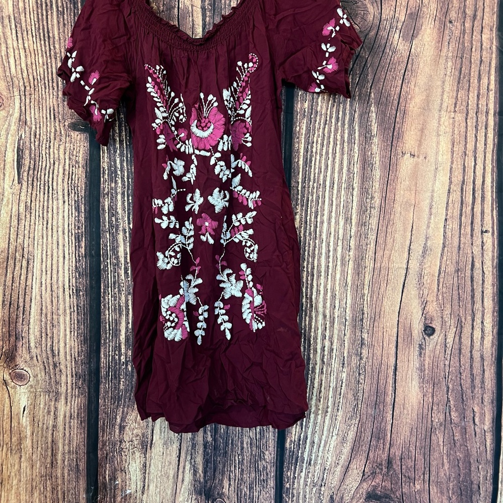 Embroidered Boho Burgundy Dress
